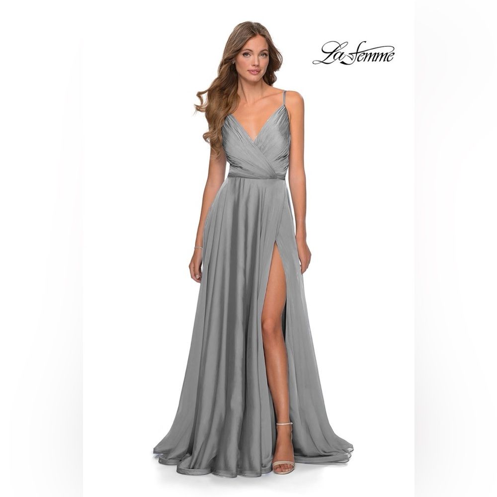 Nwt Flaw | 28611 La Femme Silver Gray Platinum Chiffon Ball Gown Formal Dress 4